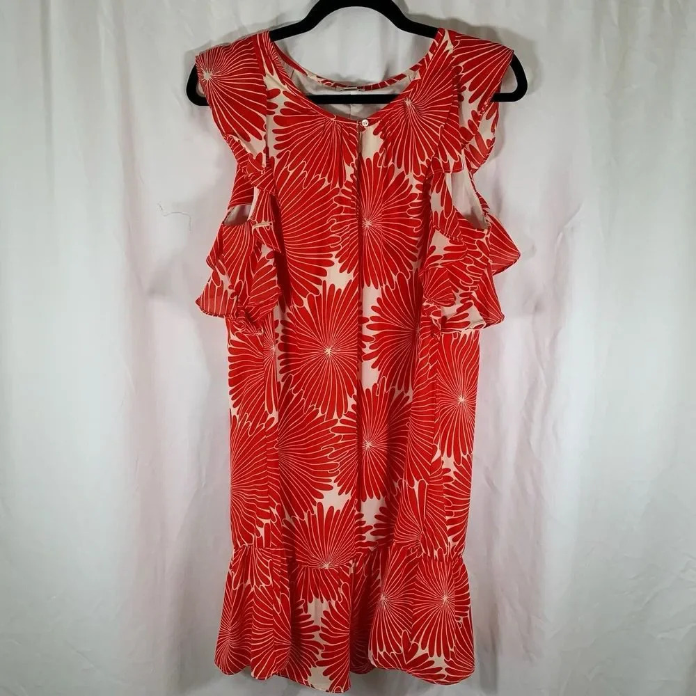 J Crew Dress Women's Small Red Floral Ruffle Trim Knee Length Sleeveless